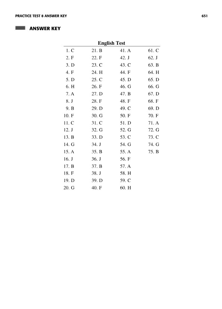 Answer Key for Practice Test 8