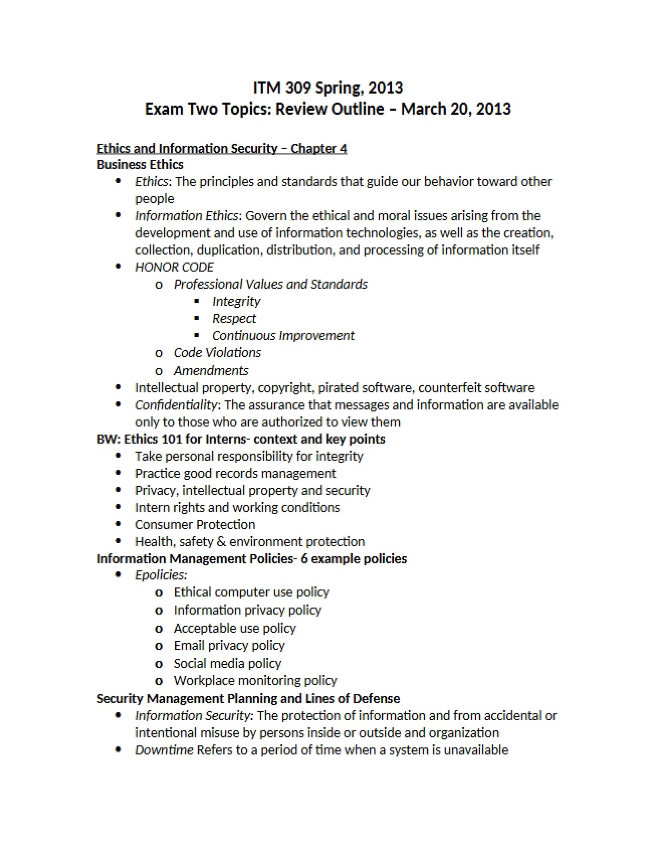 Outline of Exam Two Topics