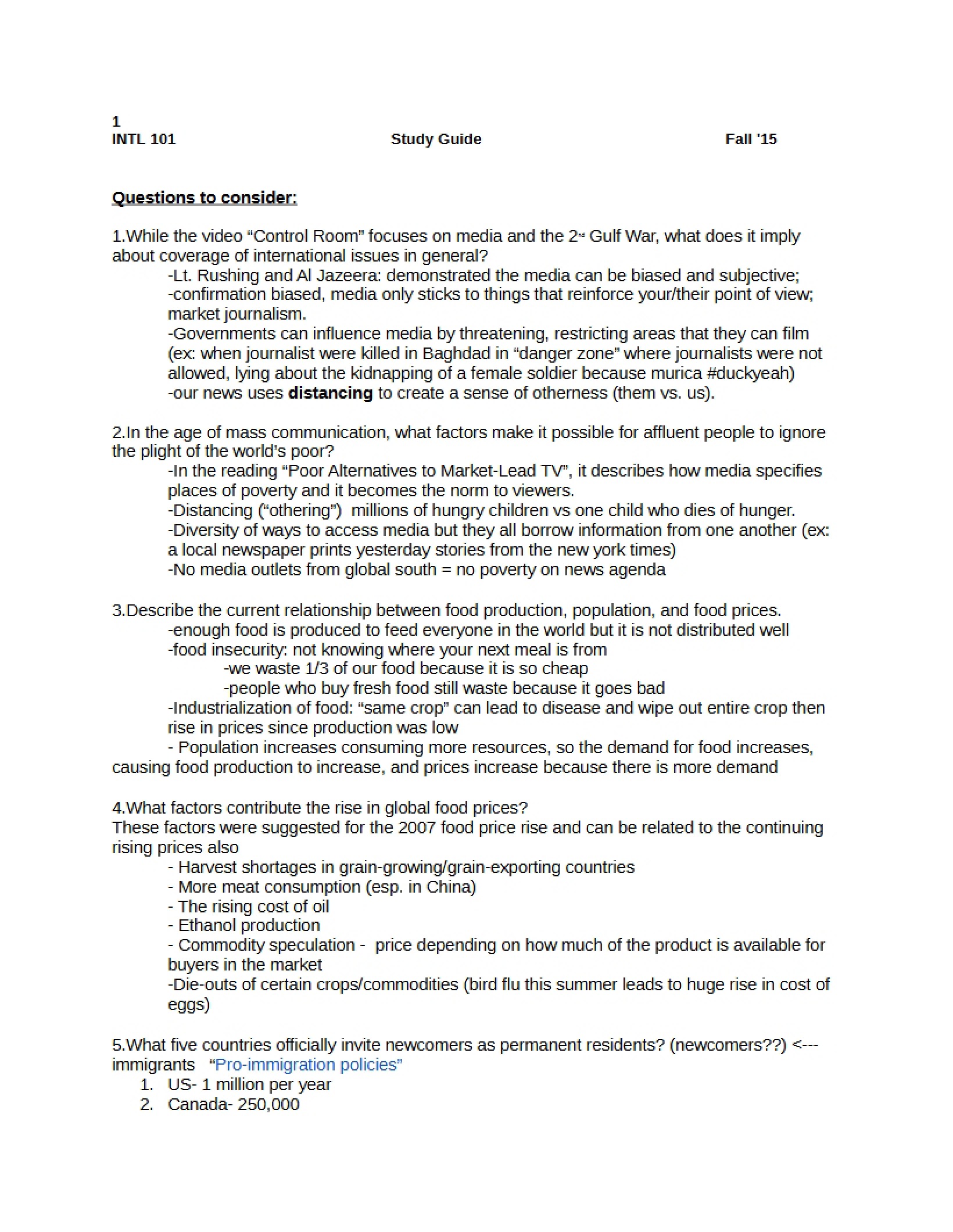 Study Guide 1 INTL 101