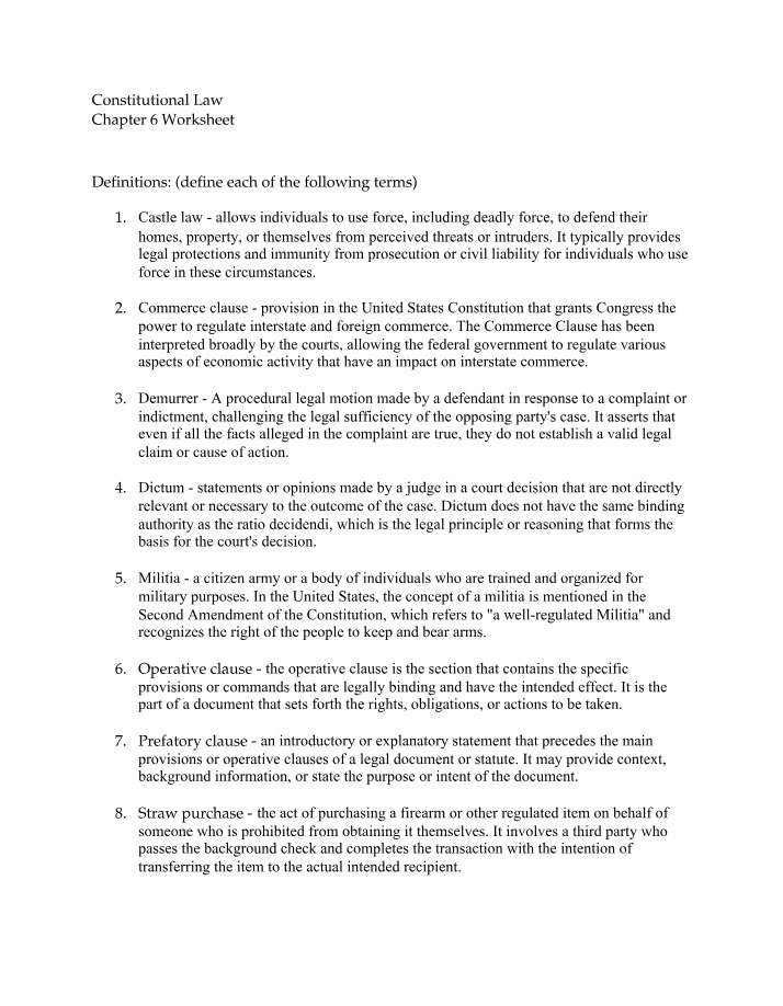 Worksheet for Constitutional Law Chapter 6