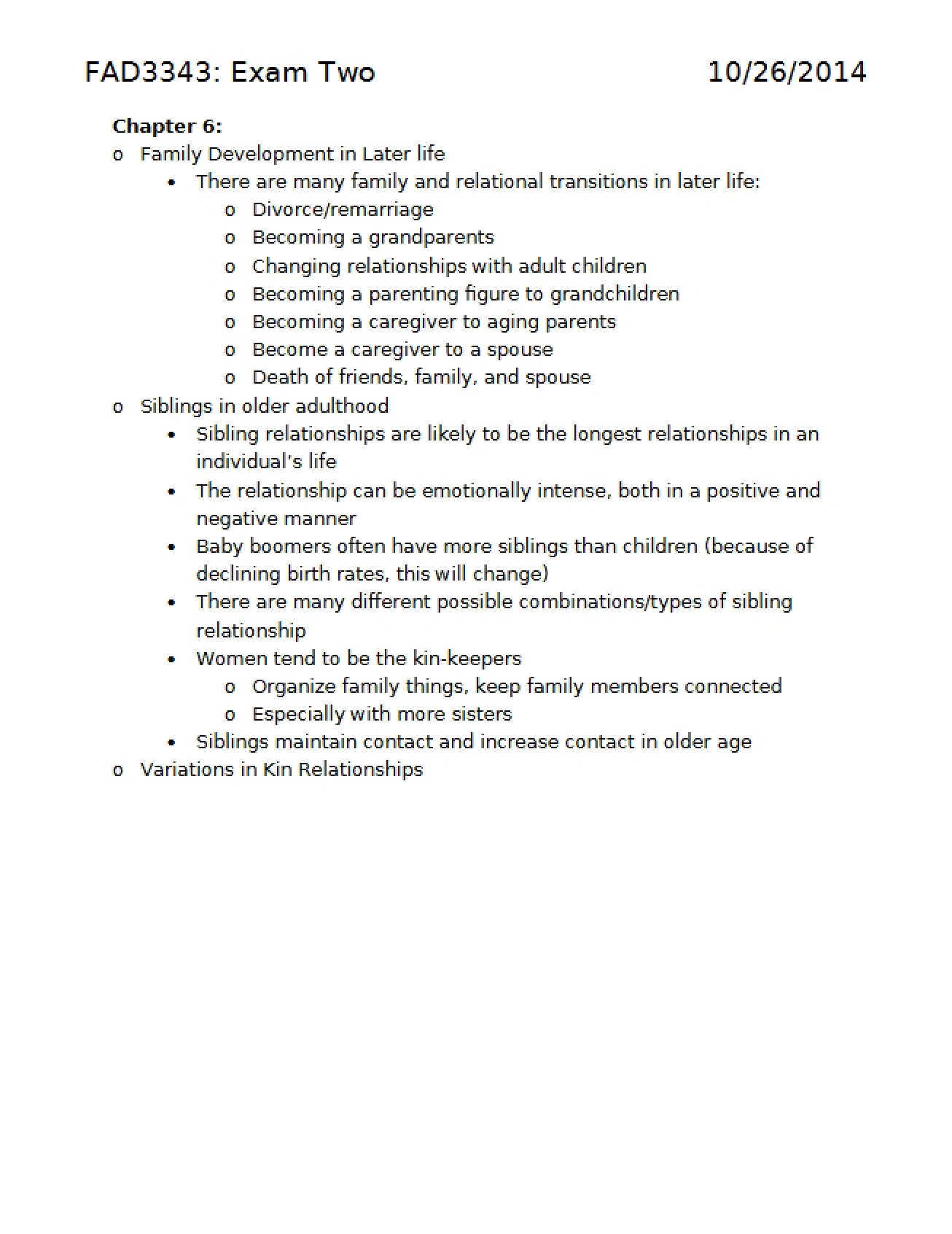 Sixth Chapter Notes on Adult Development