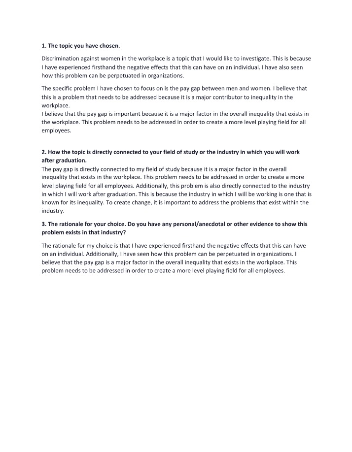 Workplace Discrimination and the Gender Pay Gap - Investigation Rationale