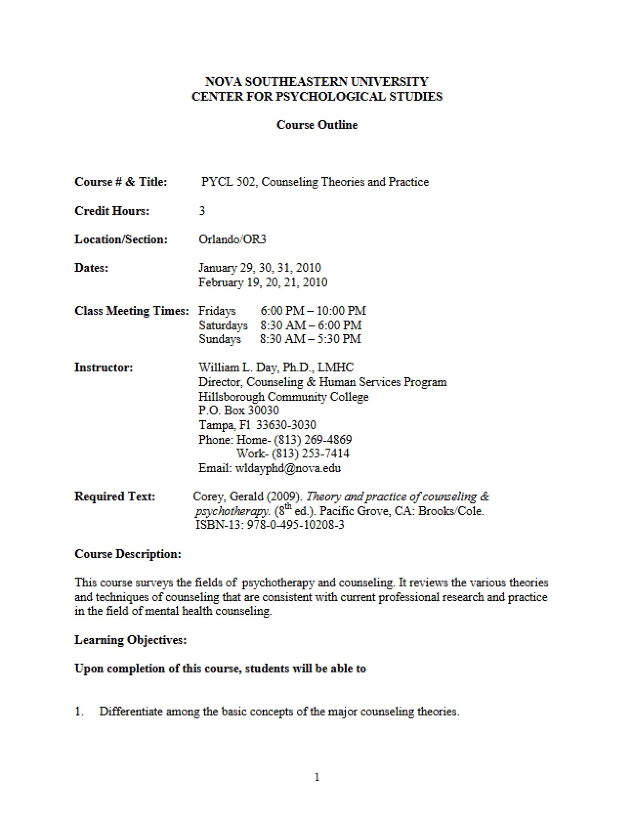 Practice and Theories of Counseling Plan