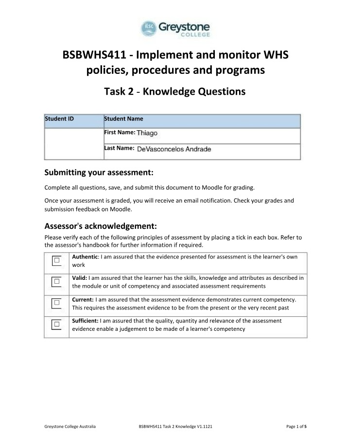 BSBWHS411 Task 2 Knowledge V1 1121