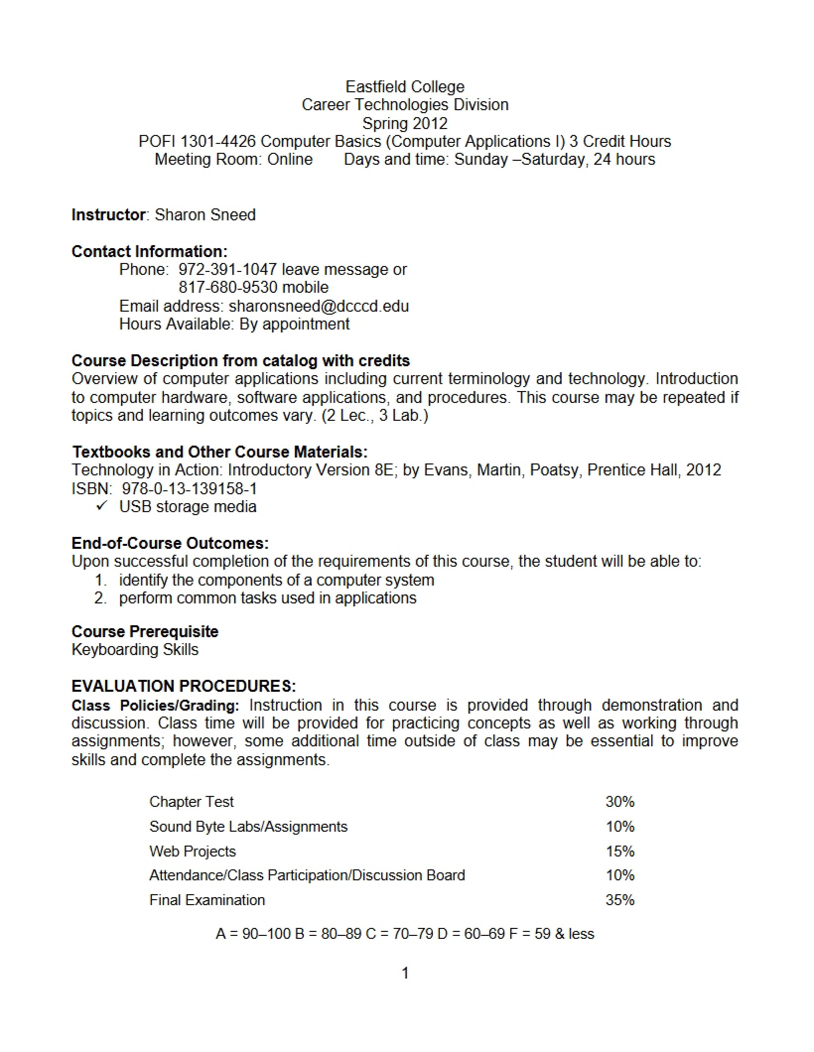 Computer Applications I Course Outline - POFI 1301