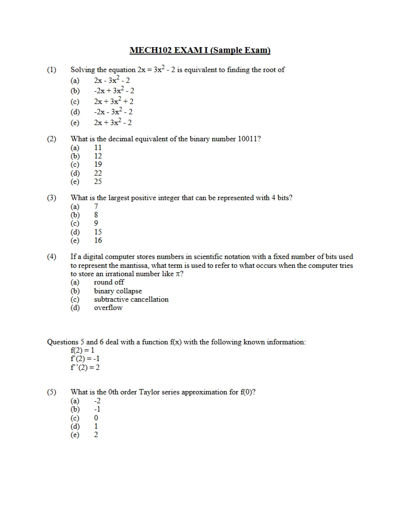 Exam I (Mechanical Engineering Problem Solving)