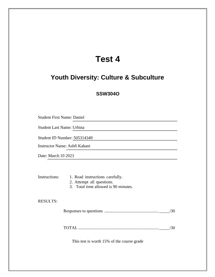 Youth Diversity, Culture & Subculture - SSW3040 Test 4