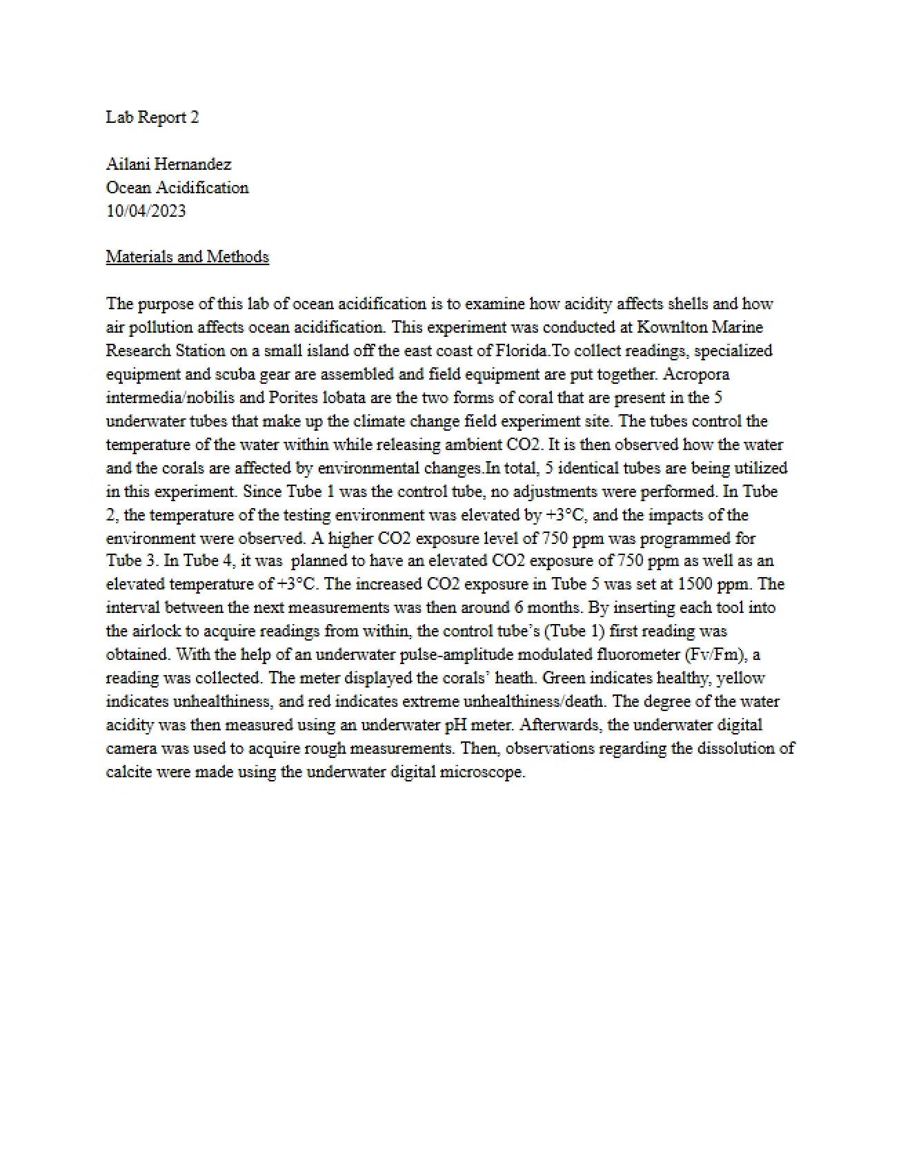 Second Lab Report for Environmental Science