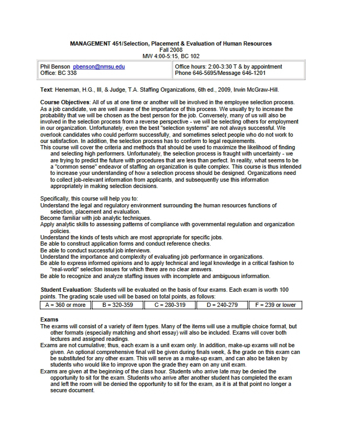 Selection and Placement Course Syllabus