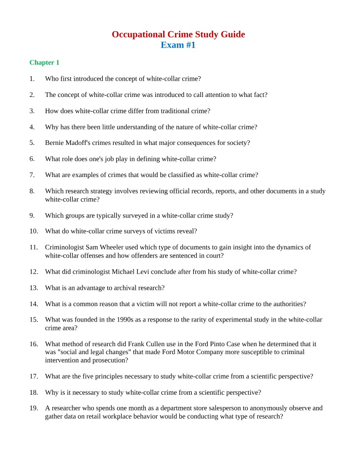 Study Guide 1 for Occupational Crime