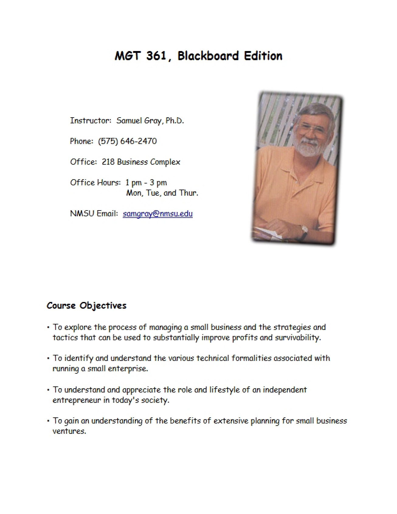 Small Business Management Syllabus - Spring 2011 - Gray