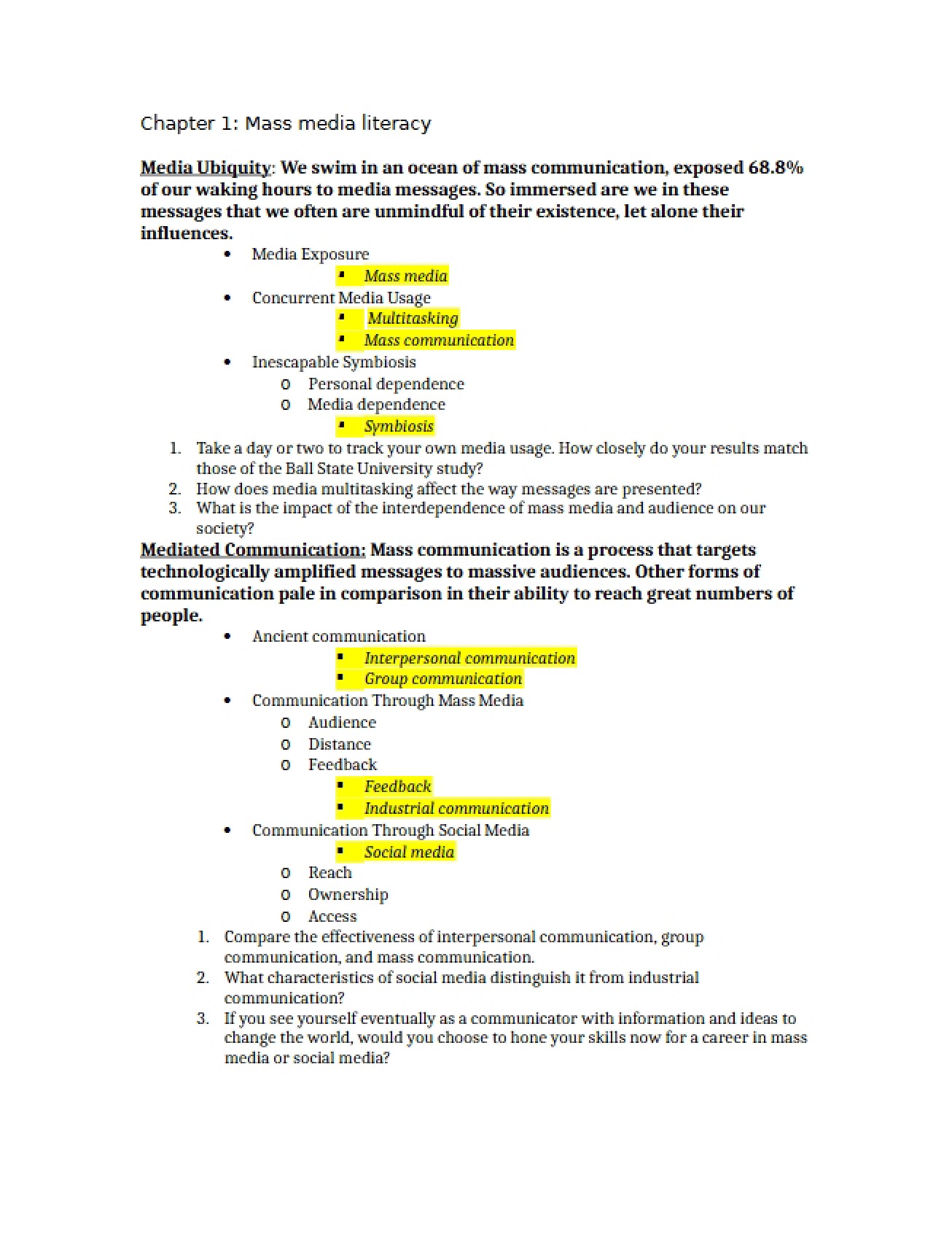 Study Outline for Chapter One