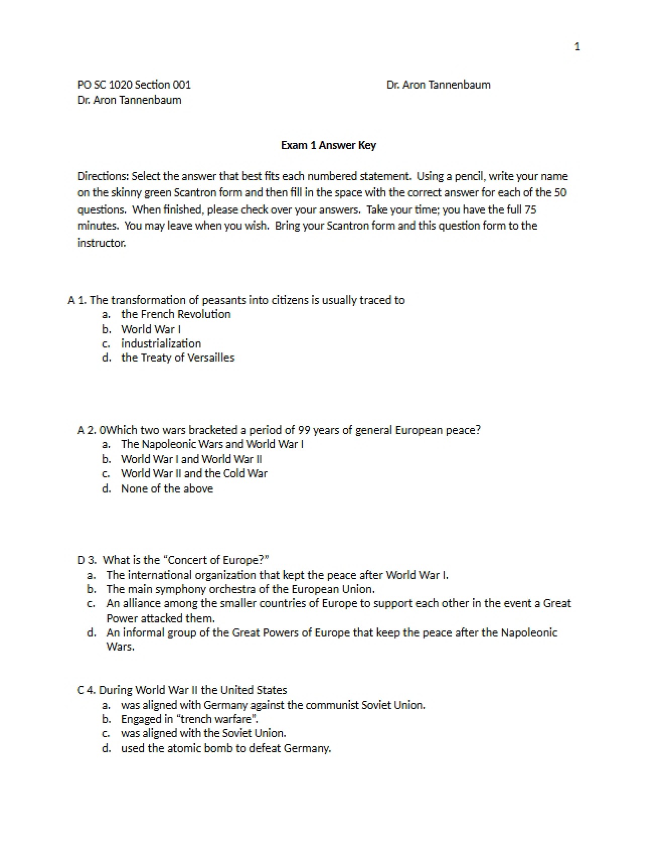 Answer Key Fall 2014 Exam 1
