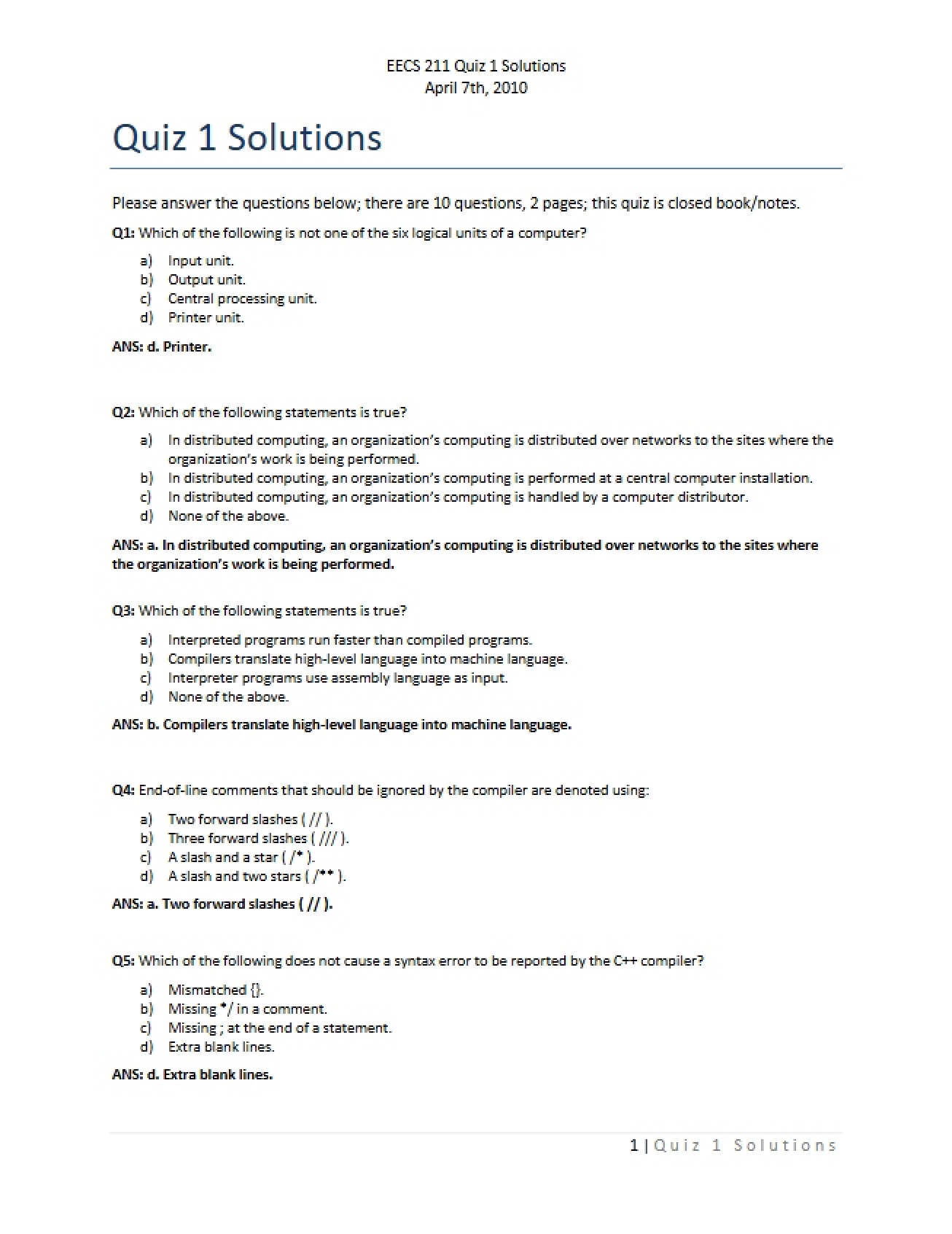 First Quiz for Fundamentals of Computer Programming - Fundamentals of Computer Programming