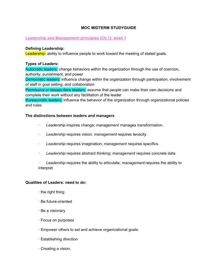 Notes for Manager of Care Midterm