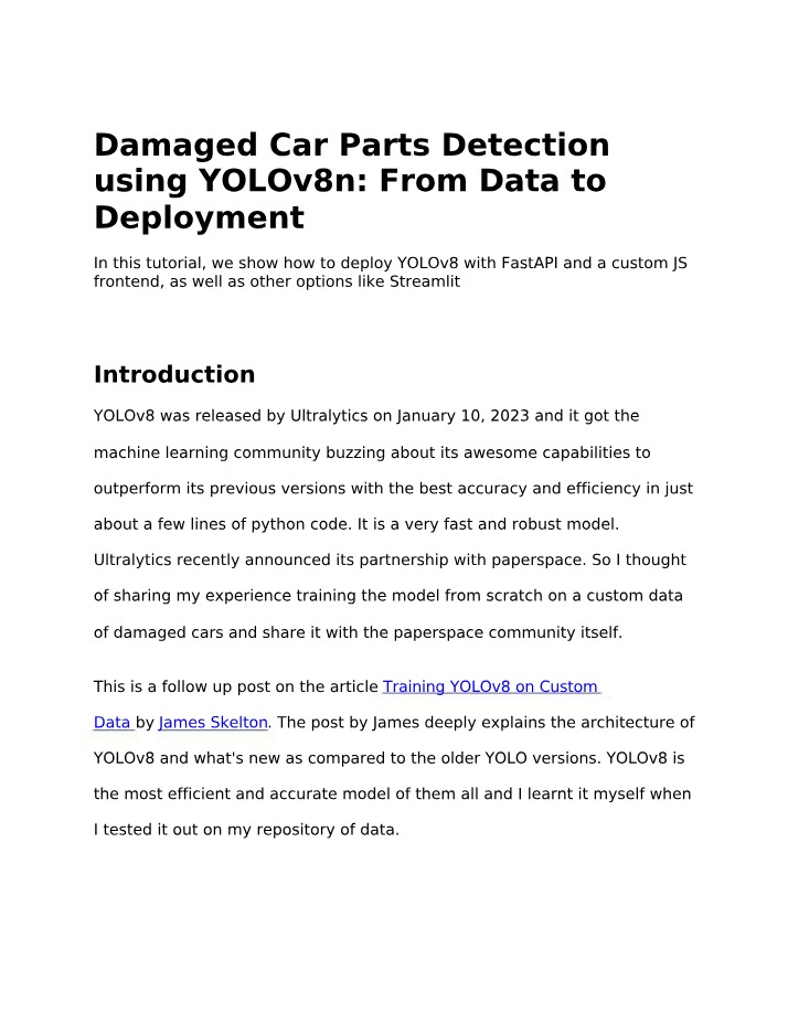 Damaged Car Parts Detection with YOLOv8n - Data to Deployment