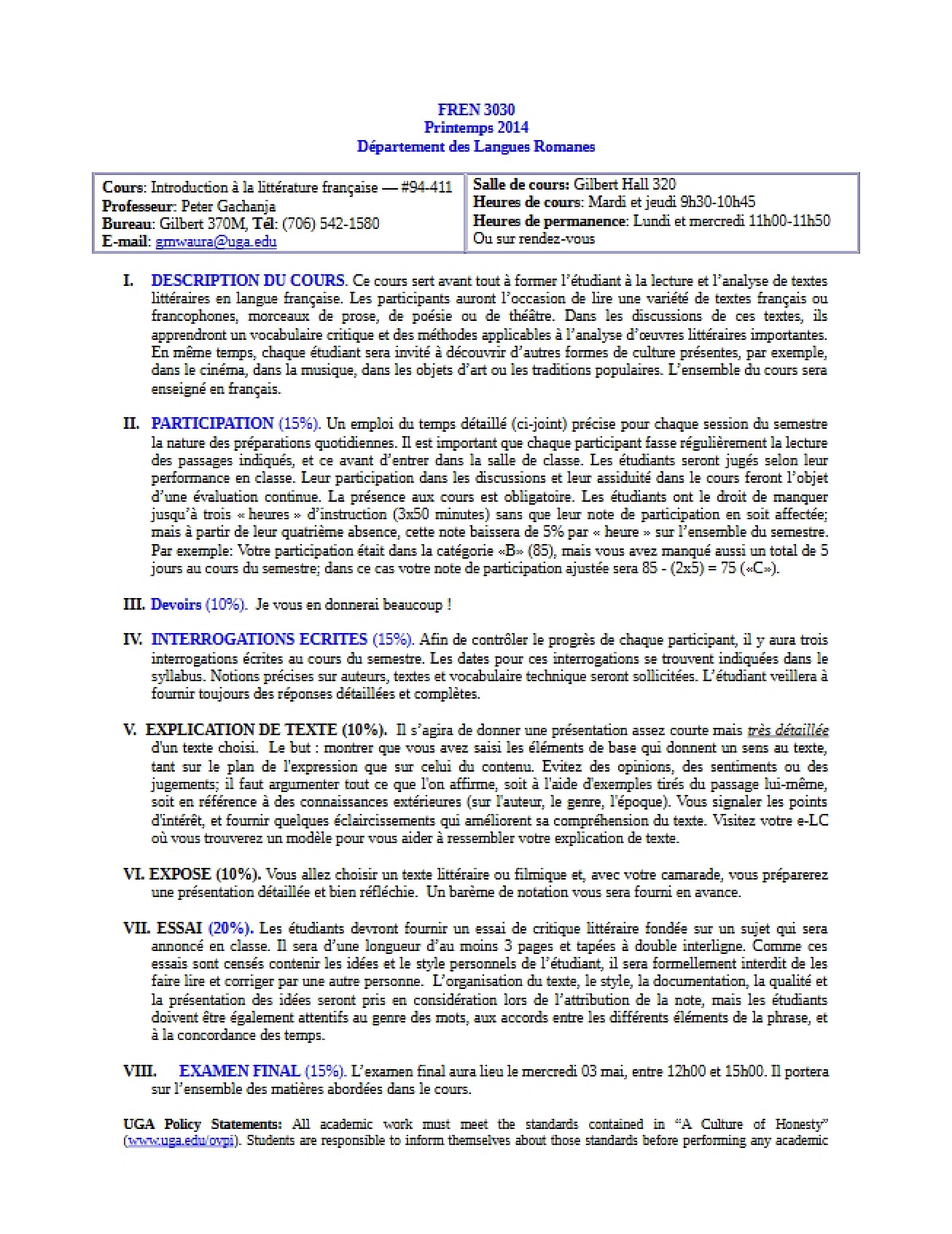 Spring 2014 Version of the French 3030 Syllabus