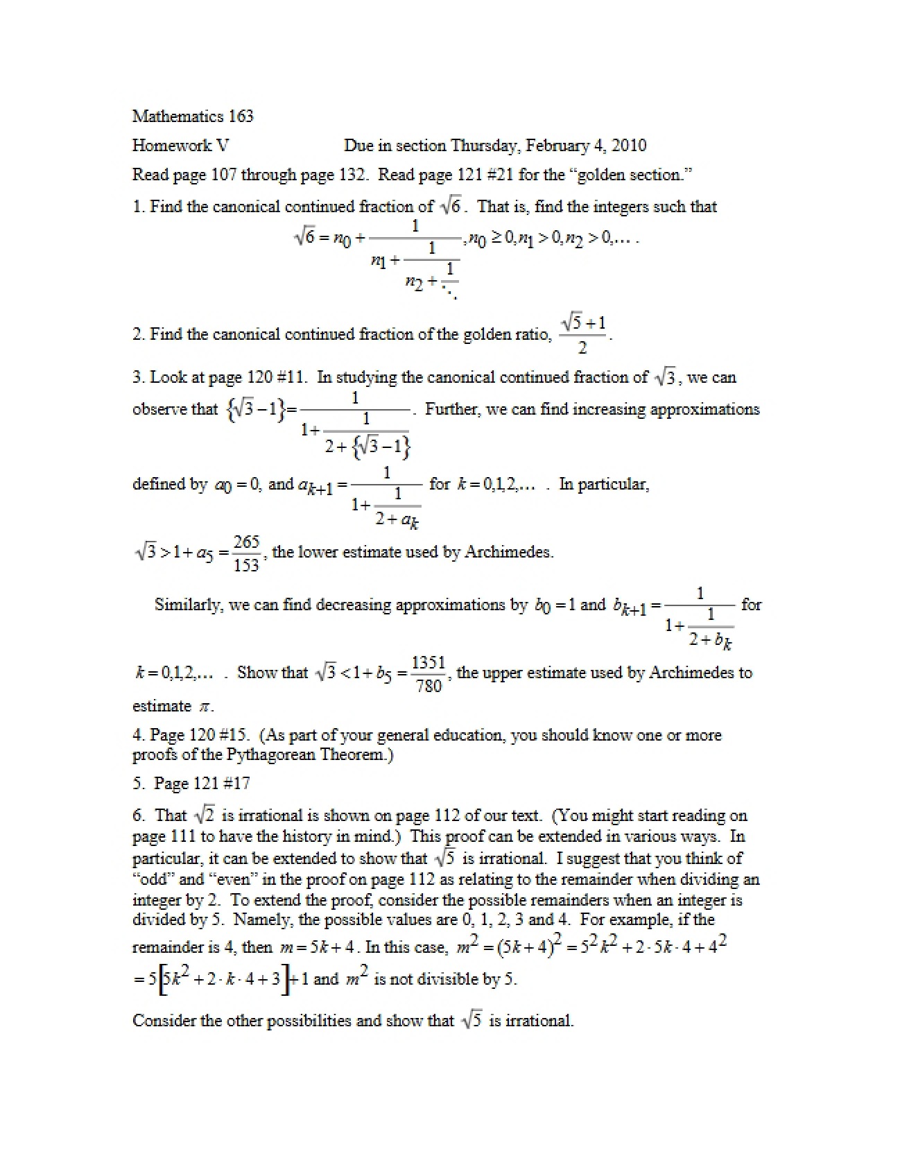 History of Mathematics Fifth Homework Set