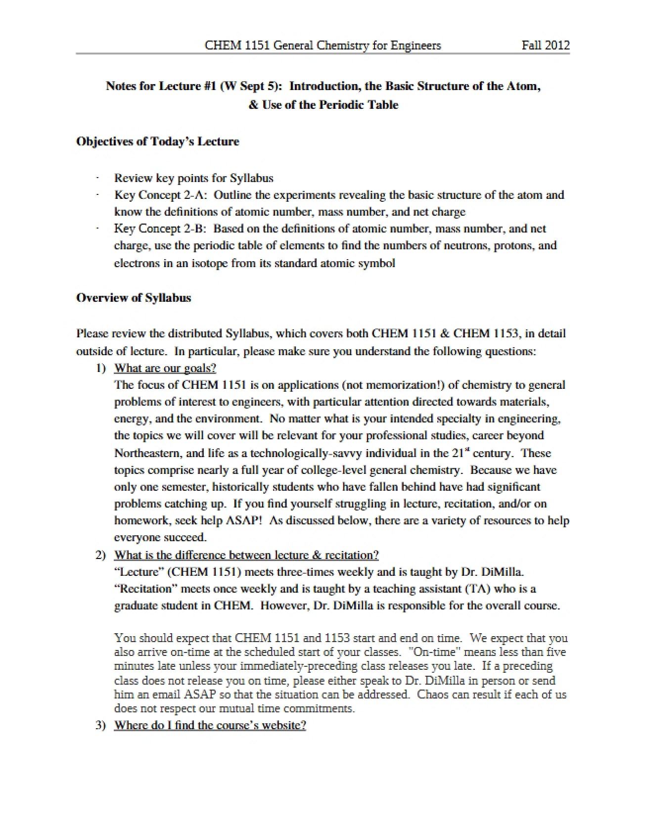 Lecture 1 Notes General Chemistry for Engineers
