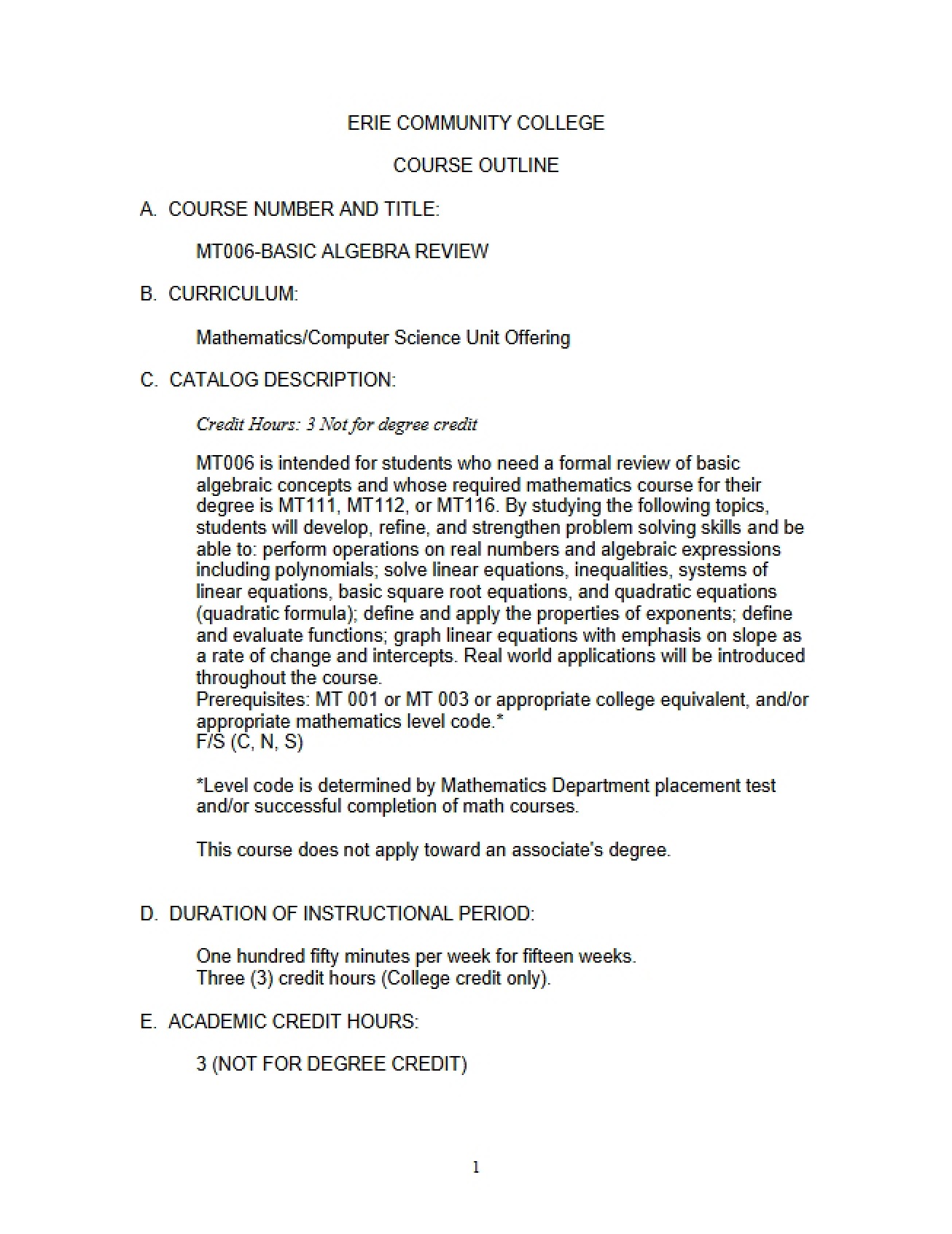 Basic Algebra Review Course Outline