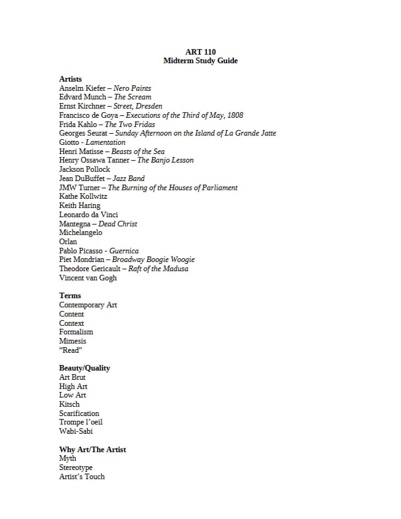 Midterm Study Guide for Art