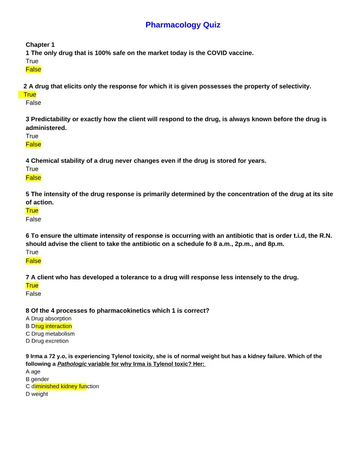 Pharmacology Quiz - Drug Safety, Selectivity, and Responses