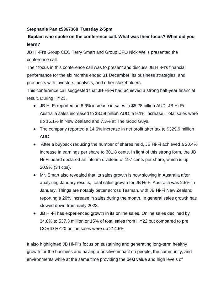 Analysis of JB Hi-Fi Conference Call