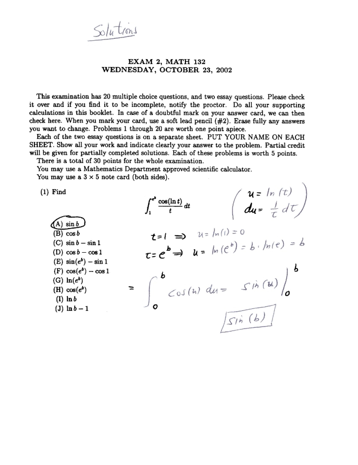 Math 132 Fall 2002 Exam 2 Key