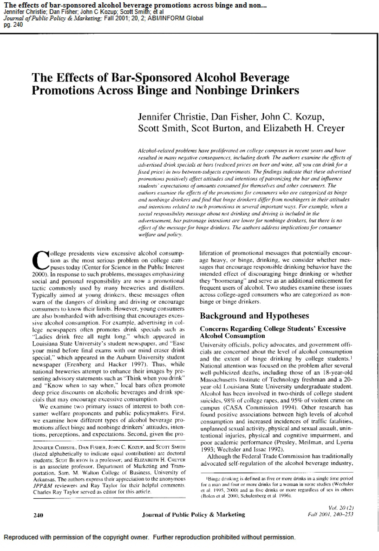 Bar-Sponsored Alcohol Beverage Effects