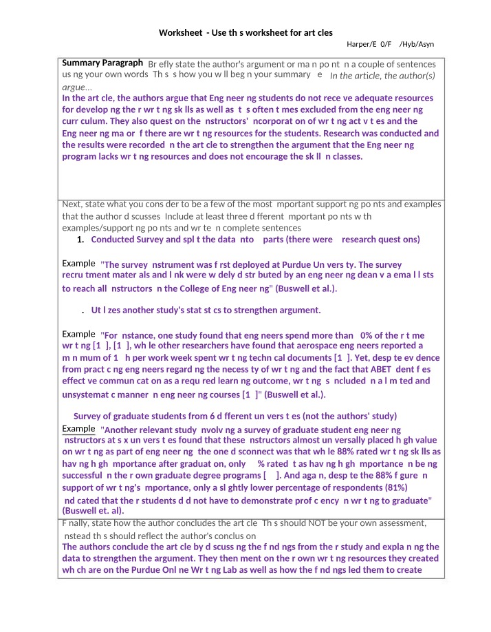 Worksheet on Improving Writing Skills in Engineering
