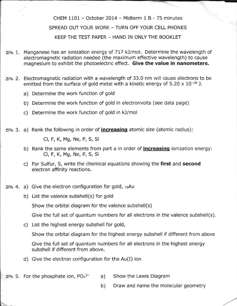 Midterm 1 (75 minutes) - CHEM 1101 B