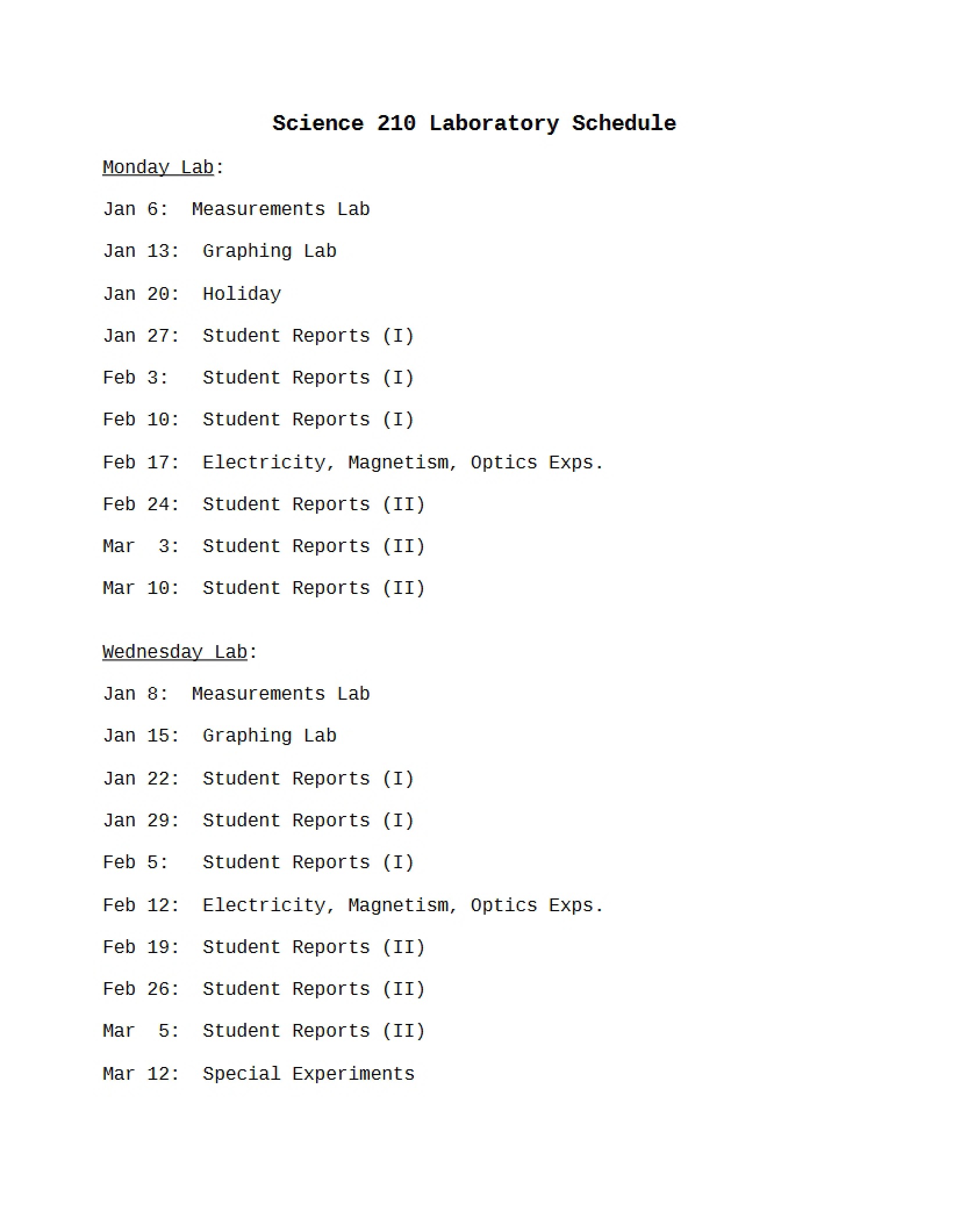 Schedule of Laboratories for Physics Concepts