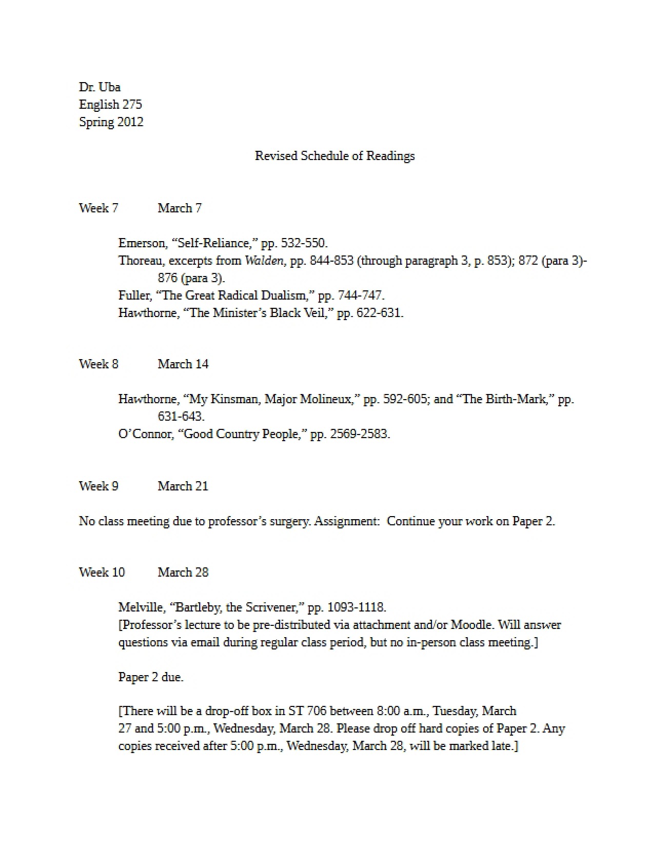 Revised Reading Schedule ENGL 275 S12