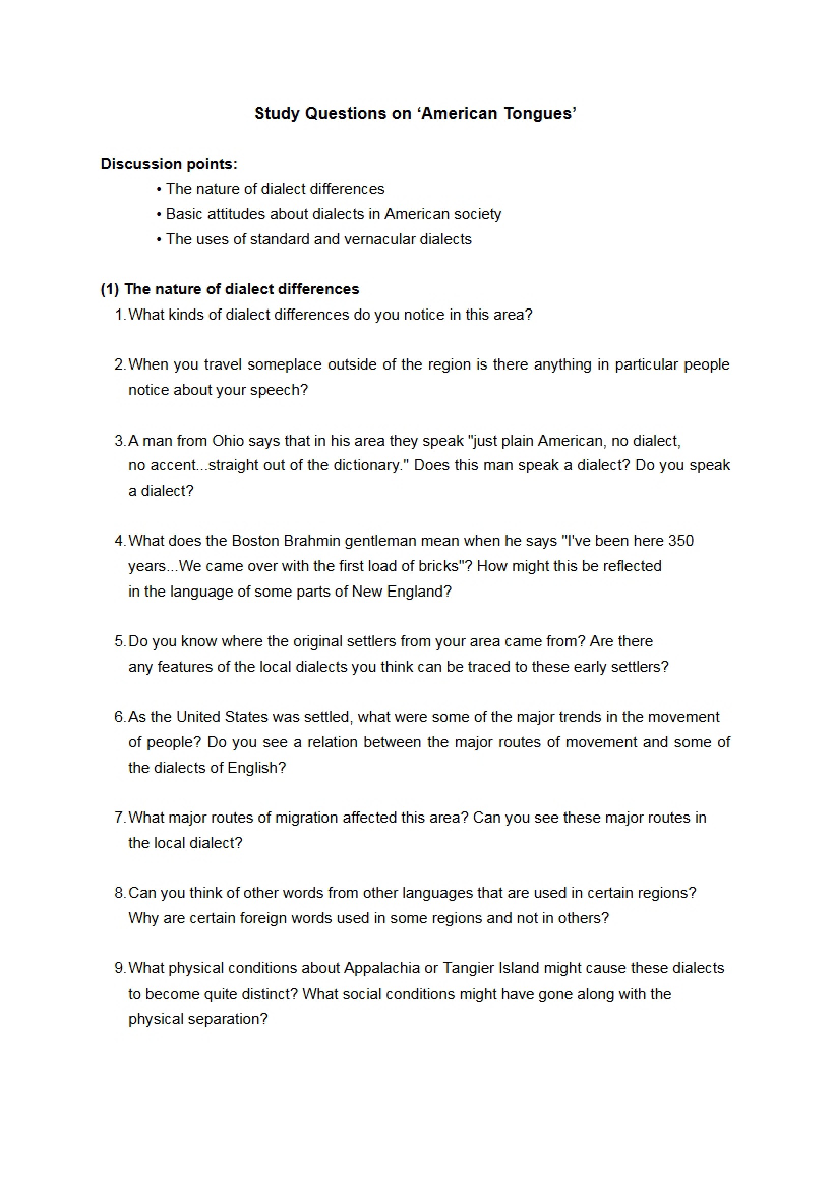 American Tongues Study Questions
