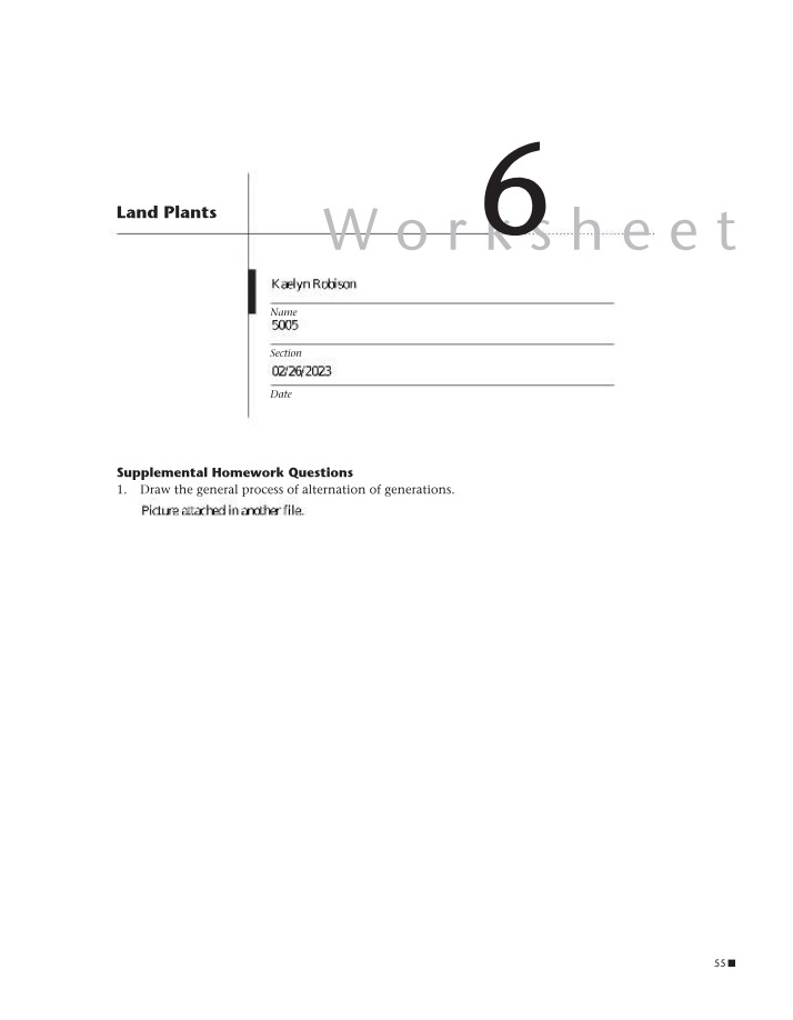 Worksheet on Land Plants