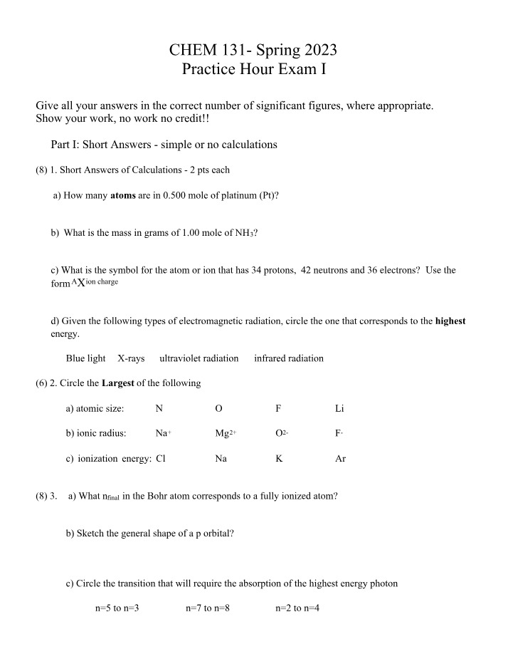 CHEM 131 Practice Hour Exam I (Spring 2023) - Short Answers