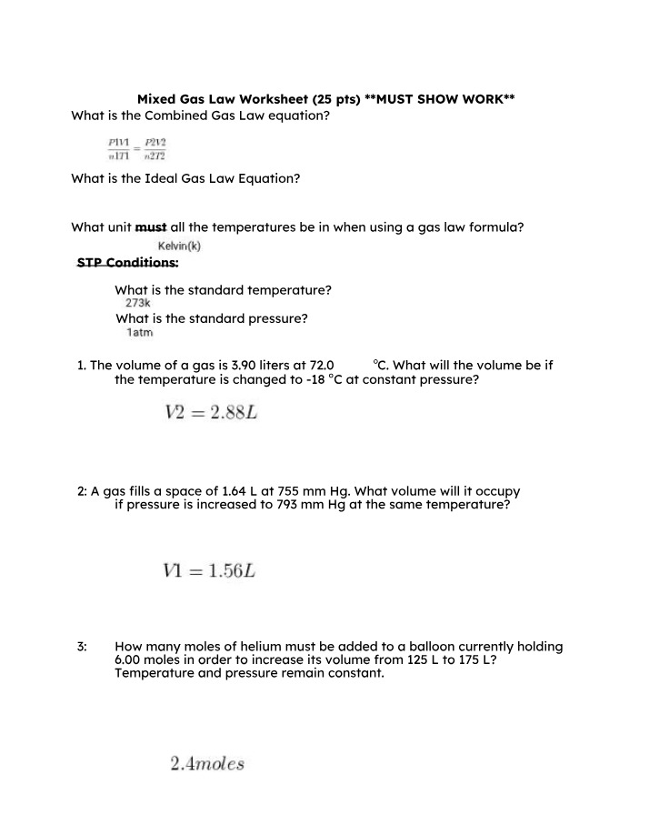 Worksheet for Mixed Gas Laws