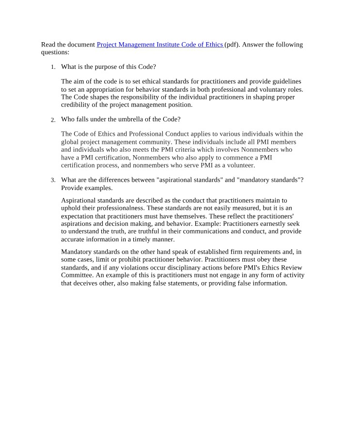 Questions and Answers on the PMI Code of Ethics