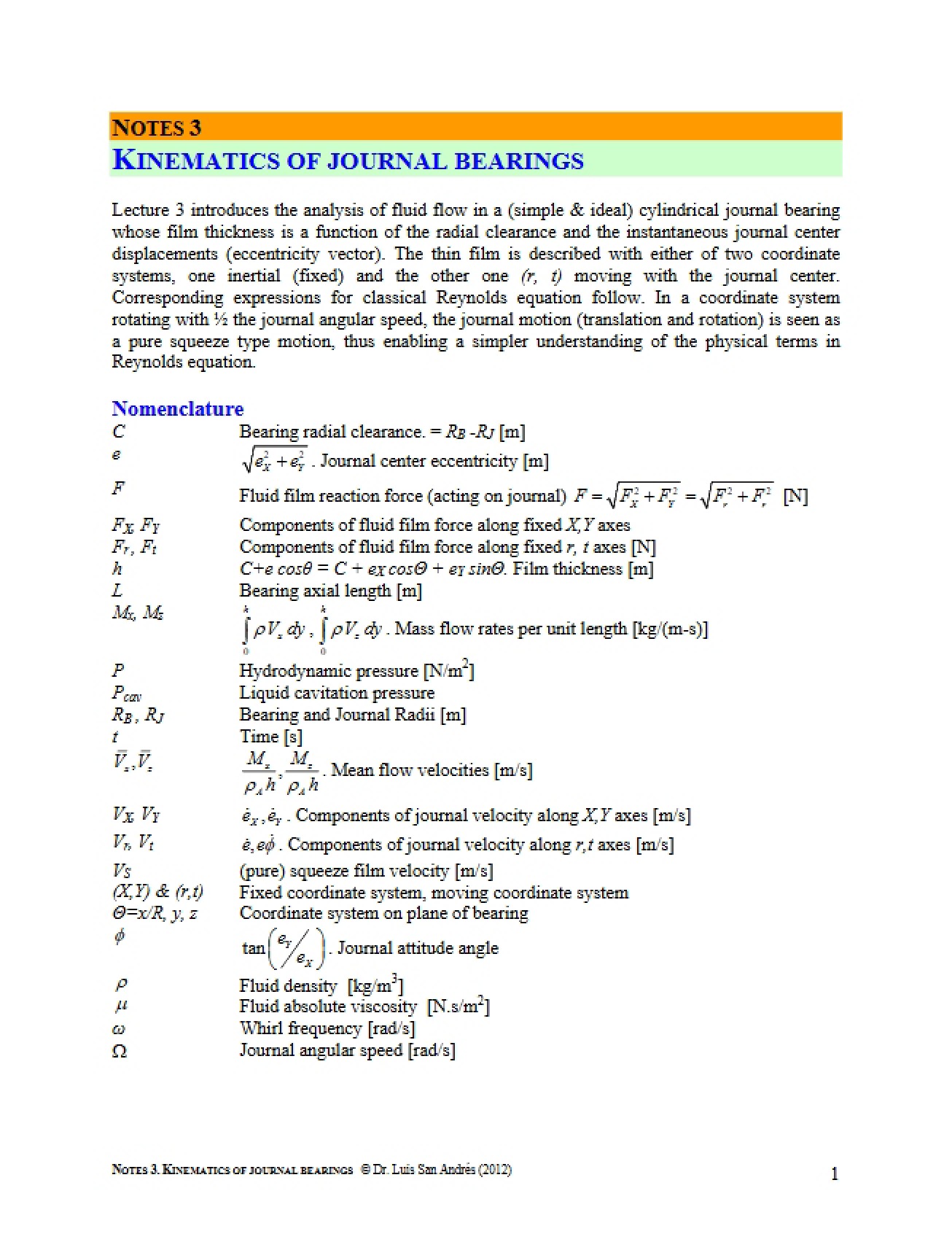 Notes 03 Kinematics of Journal Bearings