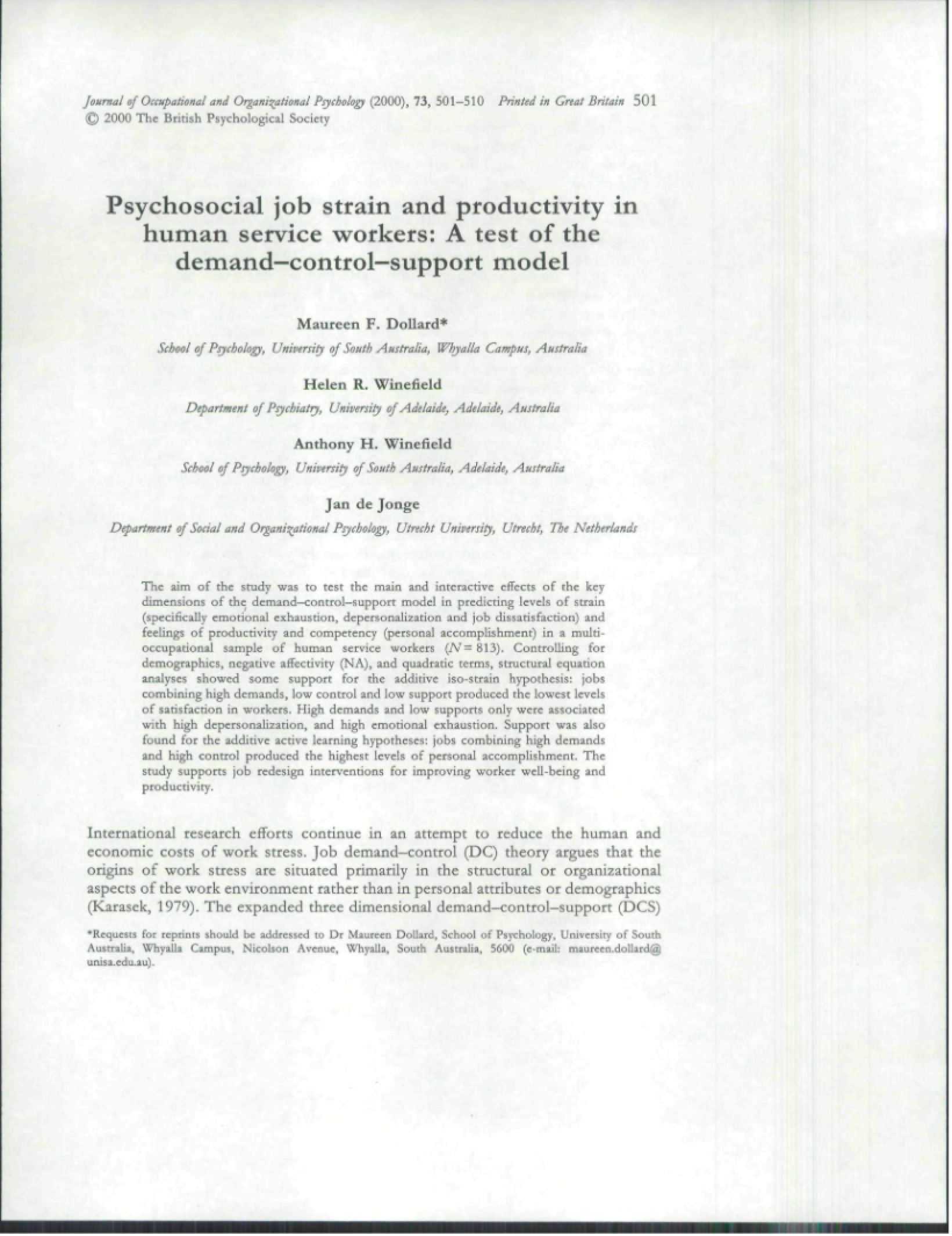 Productivity and Psychosocial Job Strain