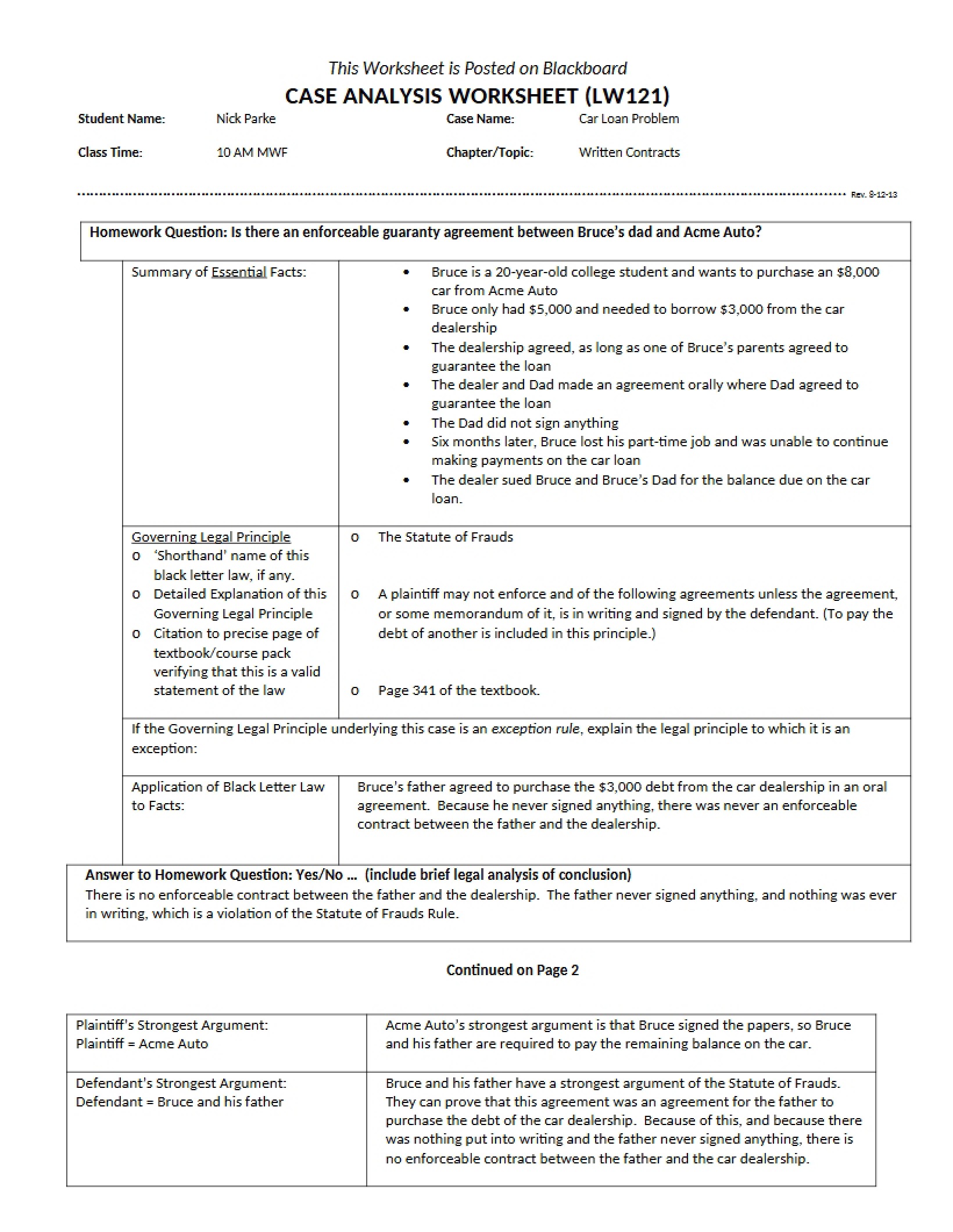 Worksheet for Analyzing Cases - BLW 221