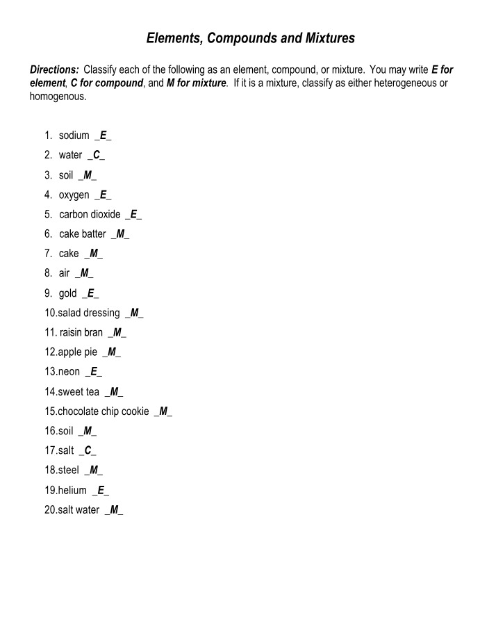 Worksheet on Elements, Compounds, and Mixtures