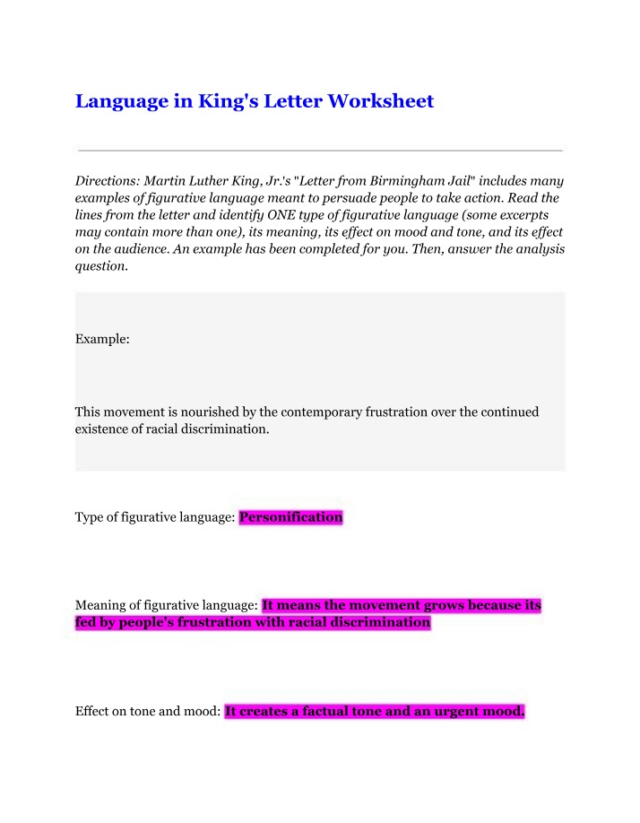 Worksheet - Analysis of Figurative Language in Martin Luther King Jr