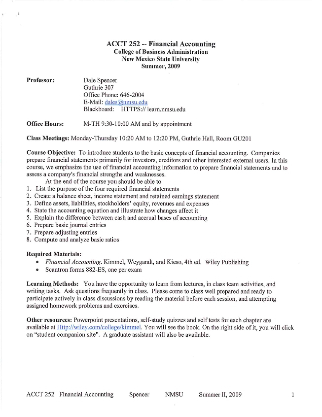 Financial Accounting Syllabus - Summer II 2009 - Dale Spencer