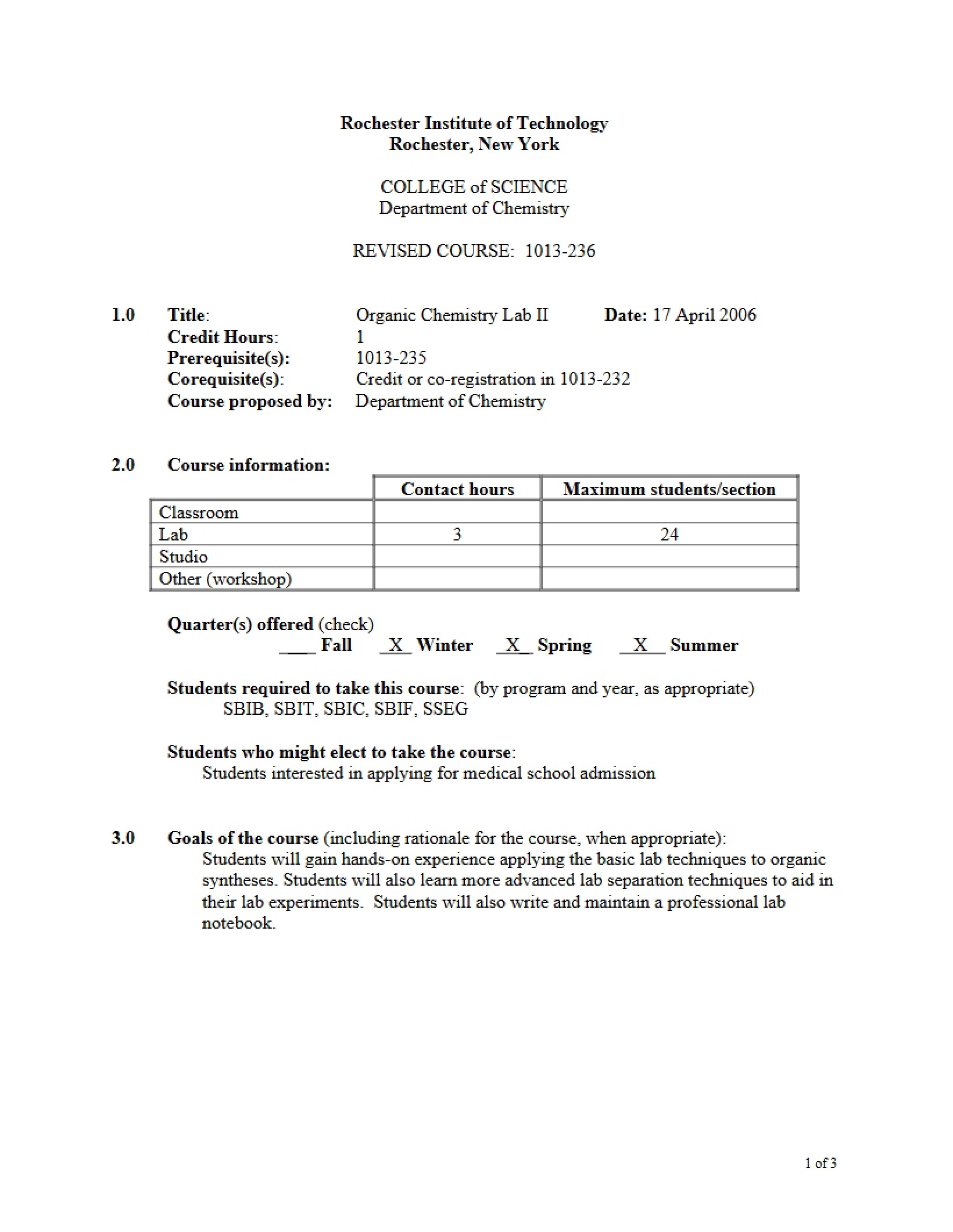 Information for Organic Chemistry Lab Two