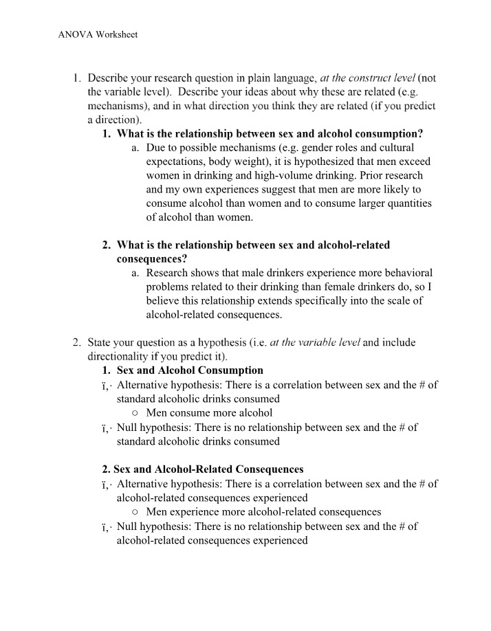 Worksheet on ANOVA