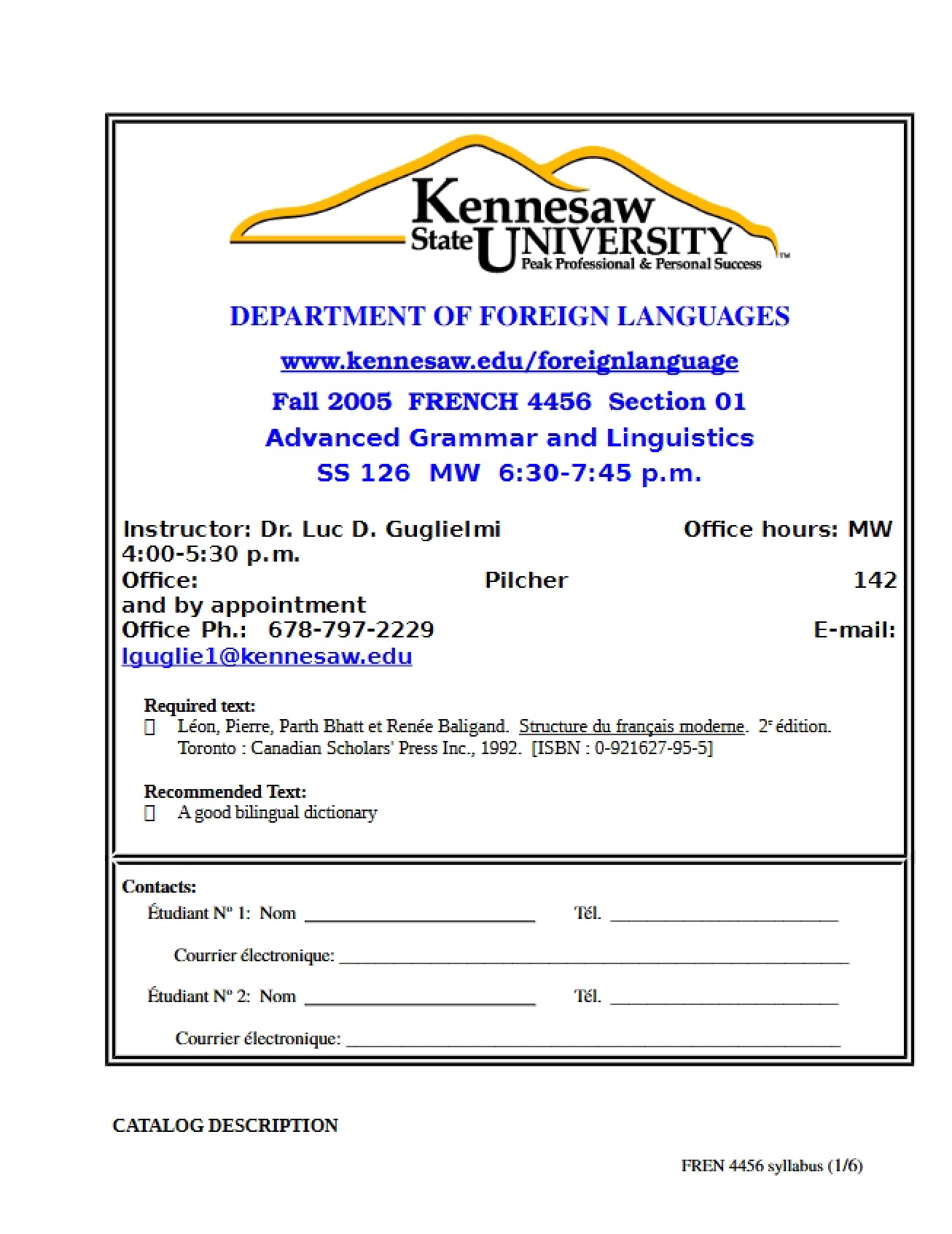Course Outline for Advanced French Grammar and Linguistics (Hybrid) - FREN 4456