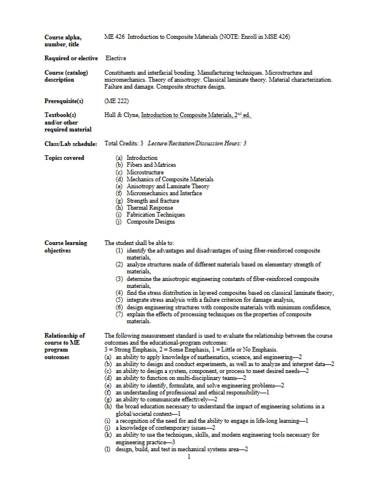 ME 426 Course Outline