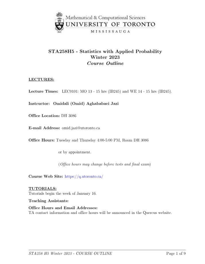 Winter 2023 Course Outline - STA258H5
