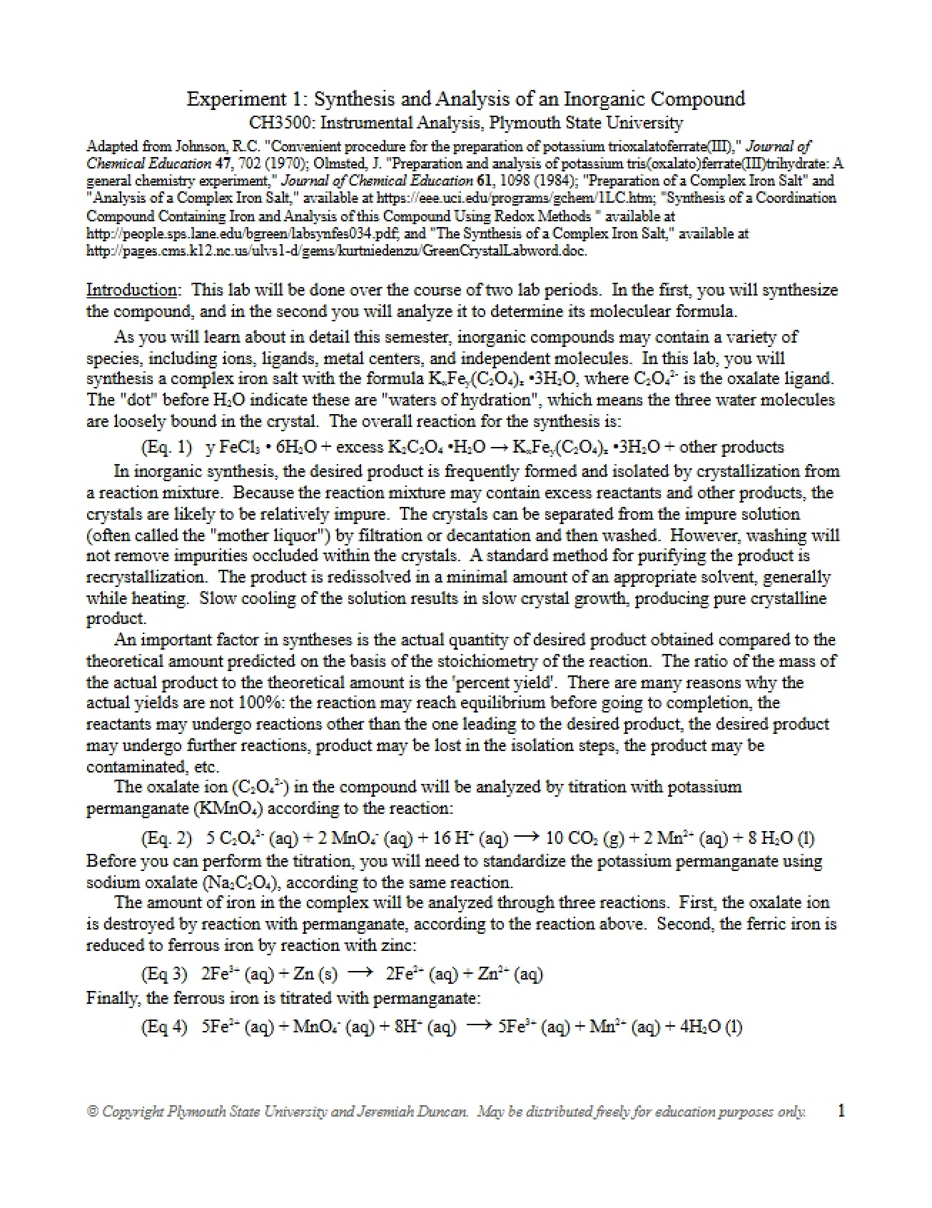 Experiment on the Synthesis and Analysis of an Inorganic Compound